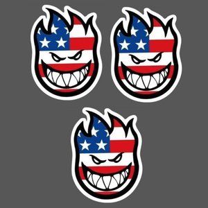 (3) VTG SKATEBOARD STICKERS LOT FIRE HEAD USA FLAG